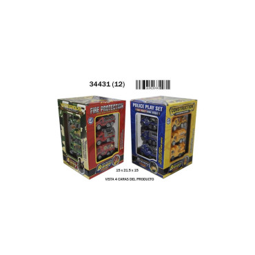 COCHES Y MOTOS   Caja 4 coches policía speed and go Caja 4 en 1 camiones militares de bomberos policía y construcción,CAJA 12 PC