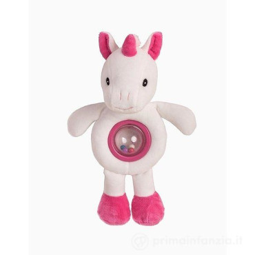 Peluche unicornio rosa y blanco con sonajero