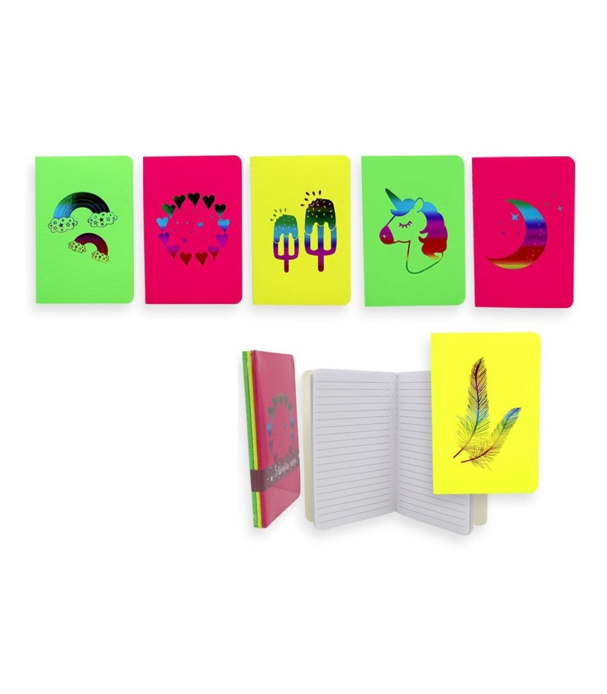 Libreta A6 Neon Rayada Rainbow 3 Unidades 15,3X10