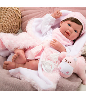 BEBÉ REBORN AINA CON MANTA, PELUCHE Y CON PELO ARIAS