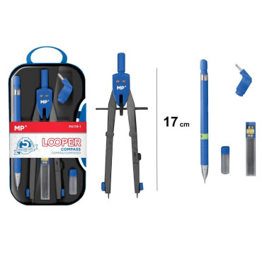 COMPAS CON BIGOTERA LOOPER 5 PIEZAS PORTAMINAS AZUL