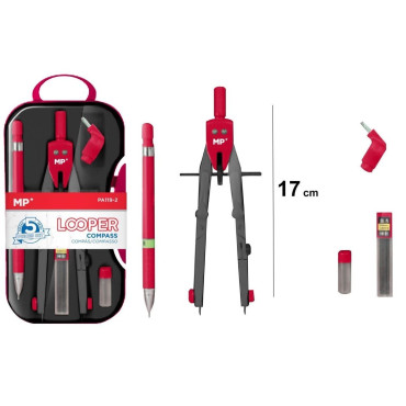 COMPAS CON BIGOTERA LOOPER 5 PIEZAS PORTAMINAS ROJO