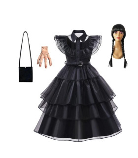 disfraz de miercoles addams para niñas completo con peluca y mano