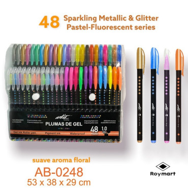 Pack 48 bolígrafos de gel de 1mm en colores pastel neon metálicos