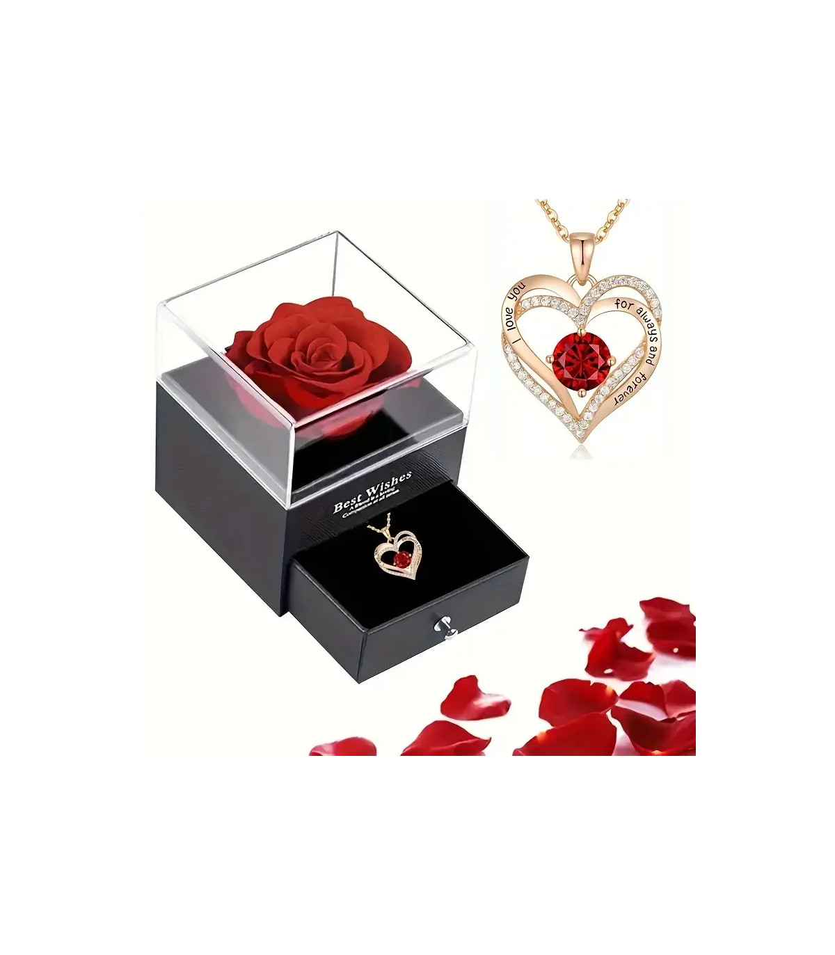 Caja con rosa y collar corazón