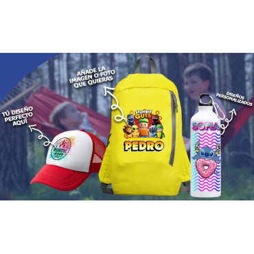 Lote personalizado: ¡Mochila + Gorra + Botella para Campamentos y Colonias!