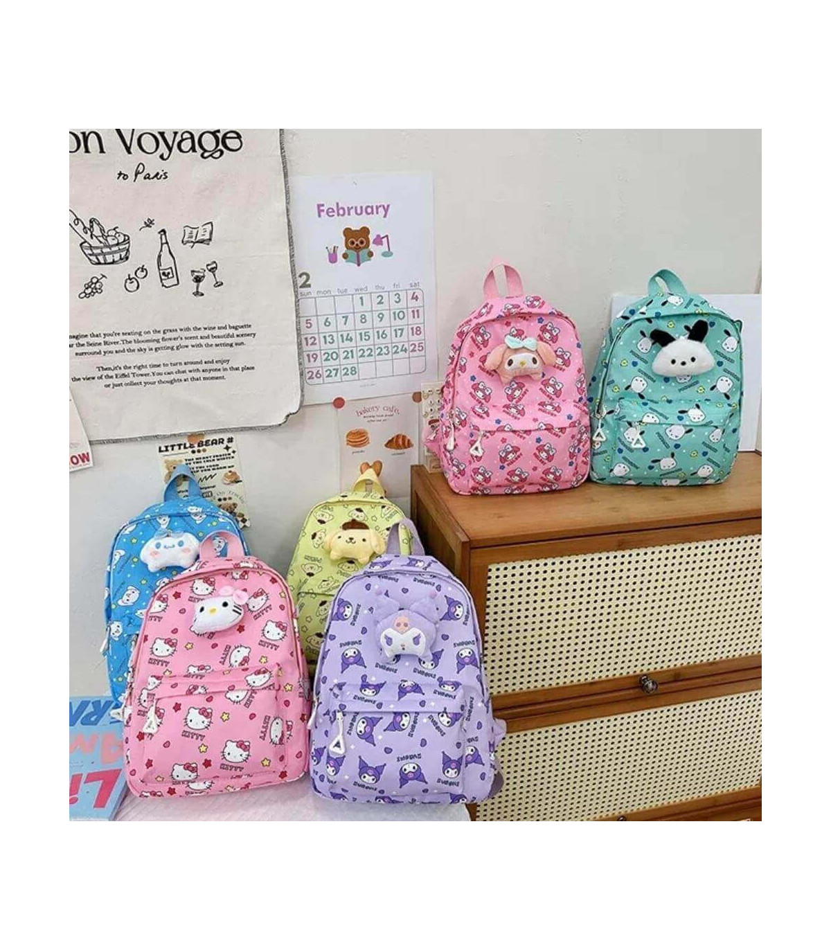 Mochila escolar infantil de hello kitty y kuromi y amigos Sanrio con peluche desmontable. - Diversión y practicidad para niñas