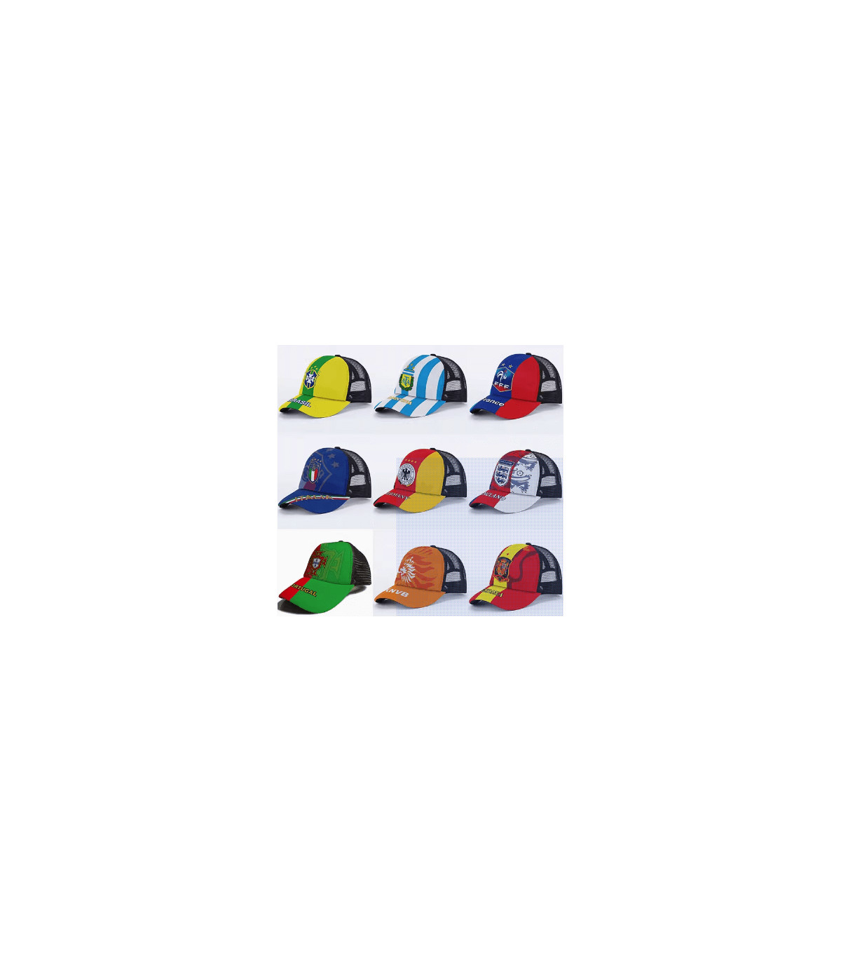 Gorras de Selecciones de fútbol de Brasil, Argentina, Francia, Italia, Alemania, Inglaterra, Portugal, Gales, España