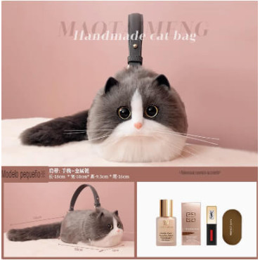 Bolso adorable con diseño de gato gris con blanco hecho de poliester de alta calidad
