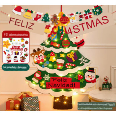 Arbol  Navidad de fieltro con luces y detalles navideños