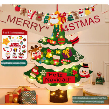 Arbol  Navidad de fieltro con luces y detalles navideños