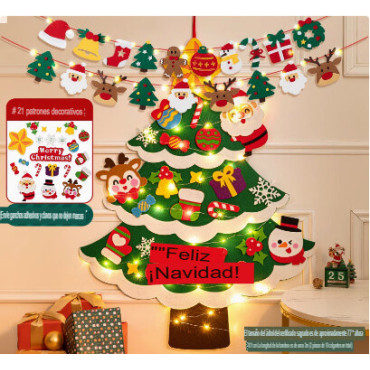 Arbol  Navidad de fieltro con luces y detalles navideños