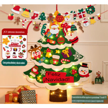 Arbol  Navidad de fieltro con luces y detalles navideños
