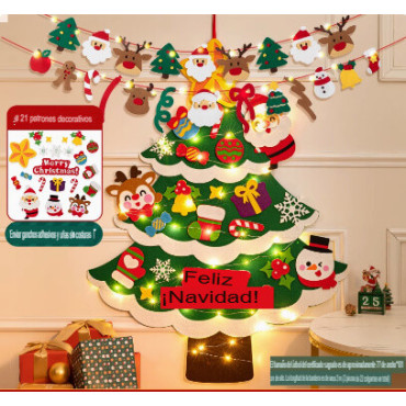 Arbol  Navidad de fieltro con luces y detalles navideños