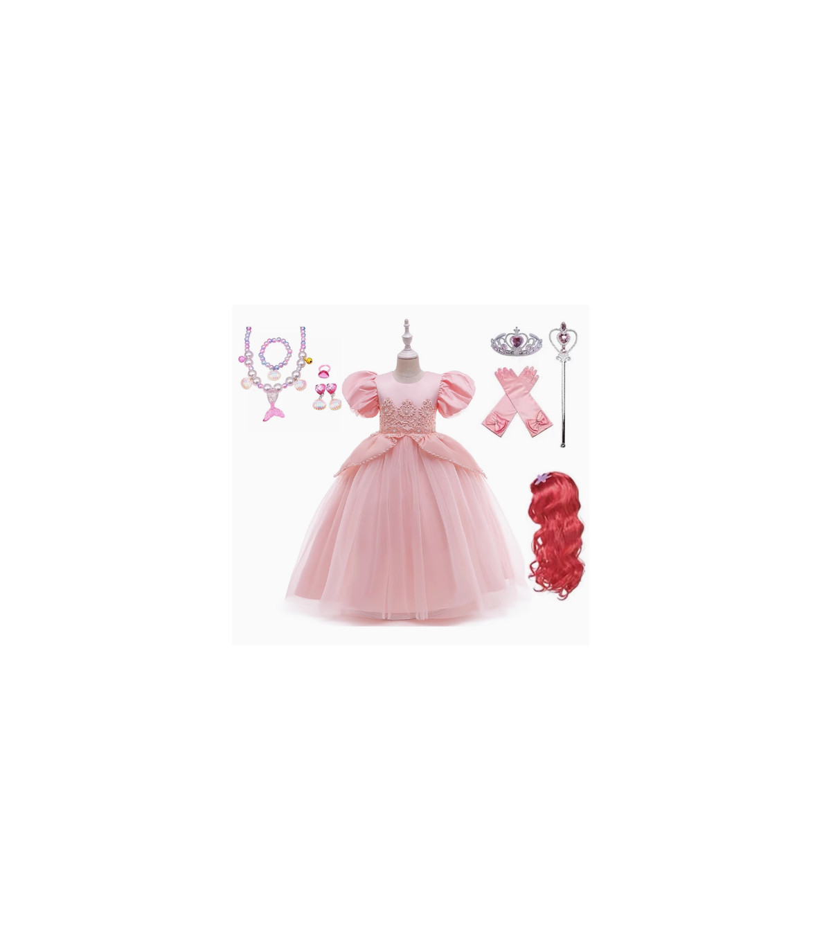 Vestido de Ariel La Sirenita Rosa - Tallas 110-150 (con Accesorios)
