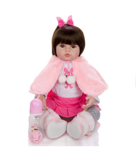 bebe reborn niña con capa de conejito  rosa de 48cm