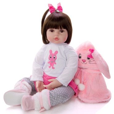 bebe reborn niña con capa de conejito  rosa de 48cm