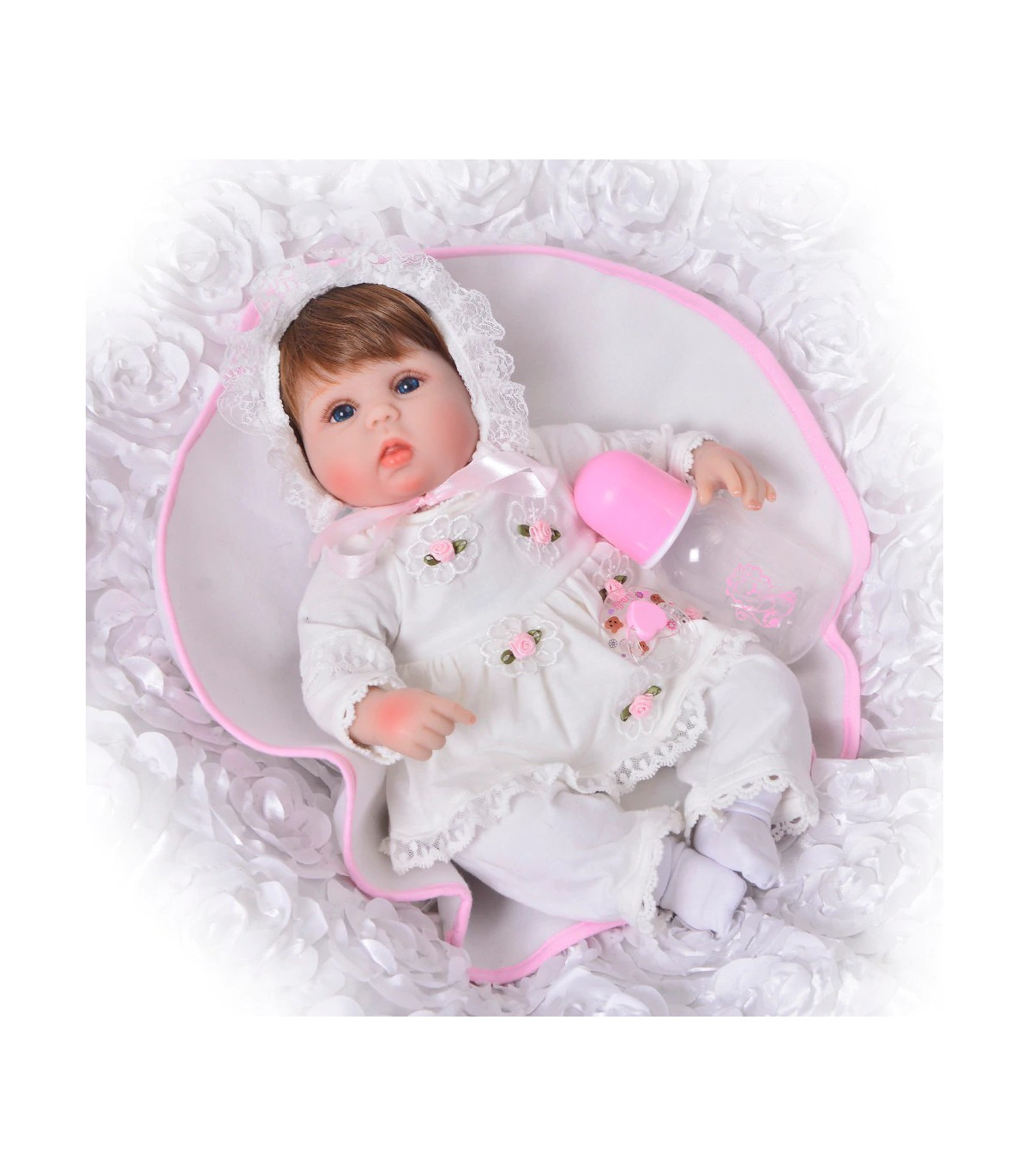 bebe reborn con vestido blanco de 42cm
