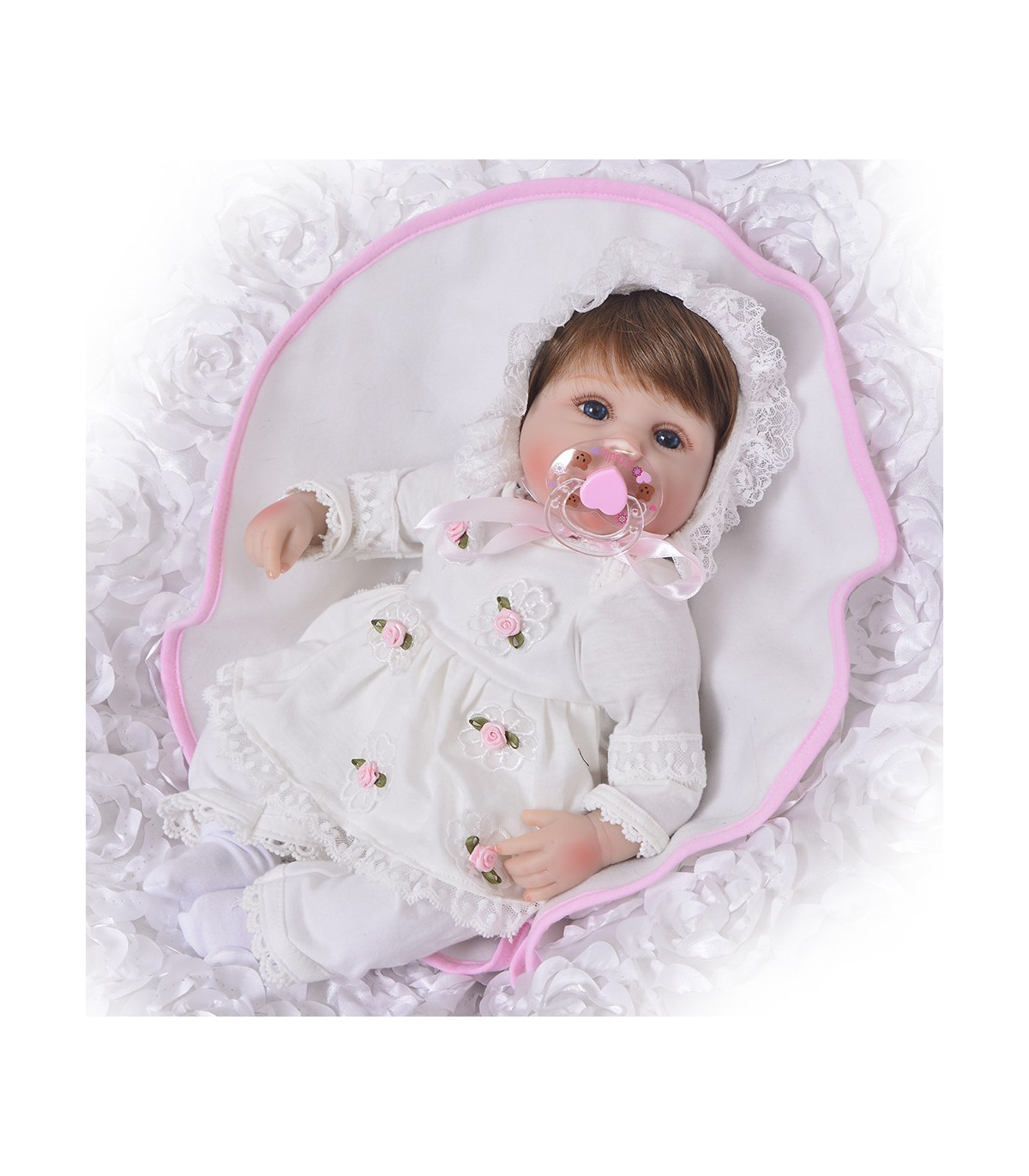 bebe reborn con vestido blanco de 42cm