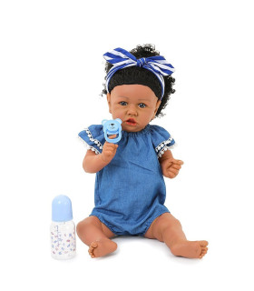 Bebe reborn pelo negro rizado de ropa azul