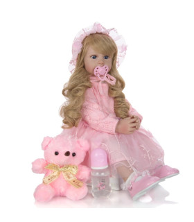 Bebe reborn pelo largo rubio ropa rosa