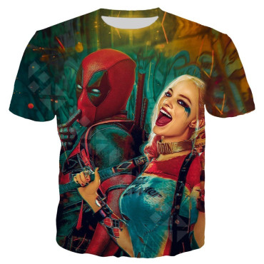 camiseta deadpool y harley quinn  de manga corta