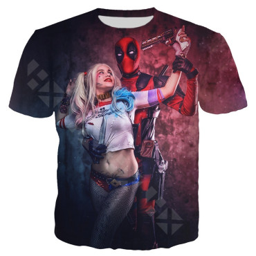 camiseta deadpool y harley quinn  de manga corta